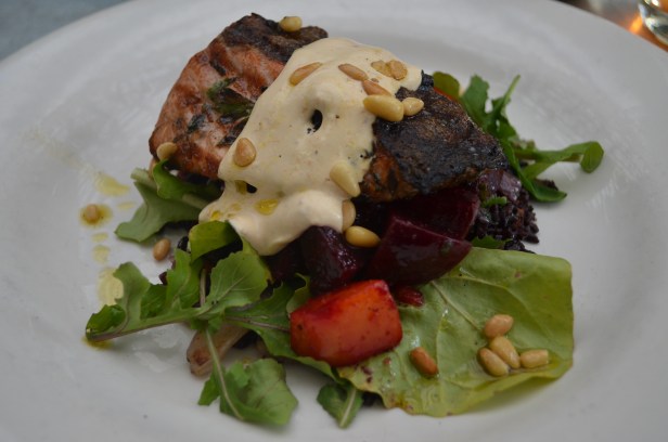 Pan-seared salmon w beets and pine nuts at Tavern